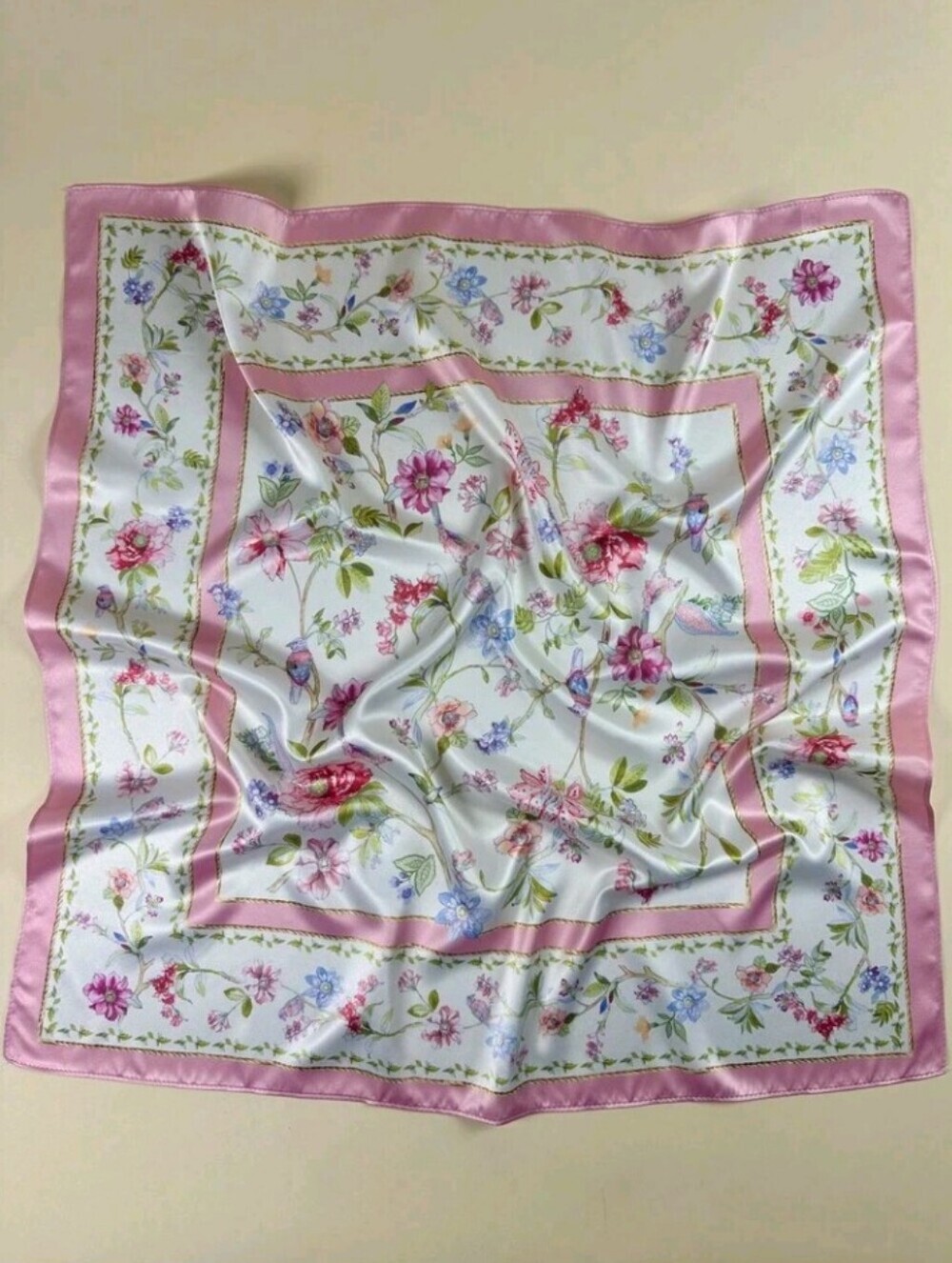 Pink Cream Green Floral Satin Scarf Summer Vacation Botanical
